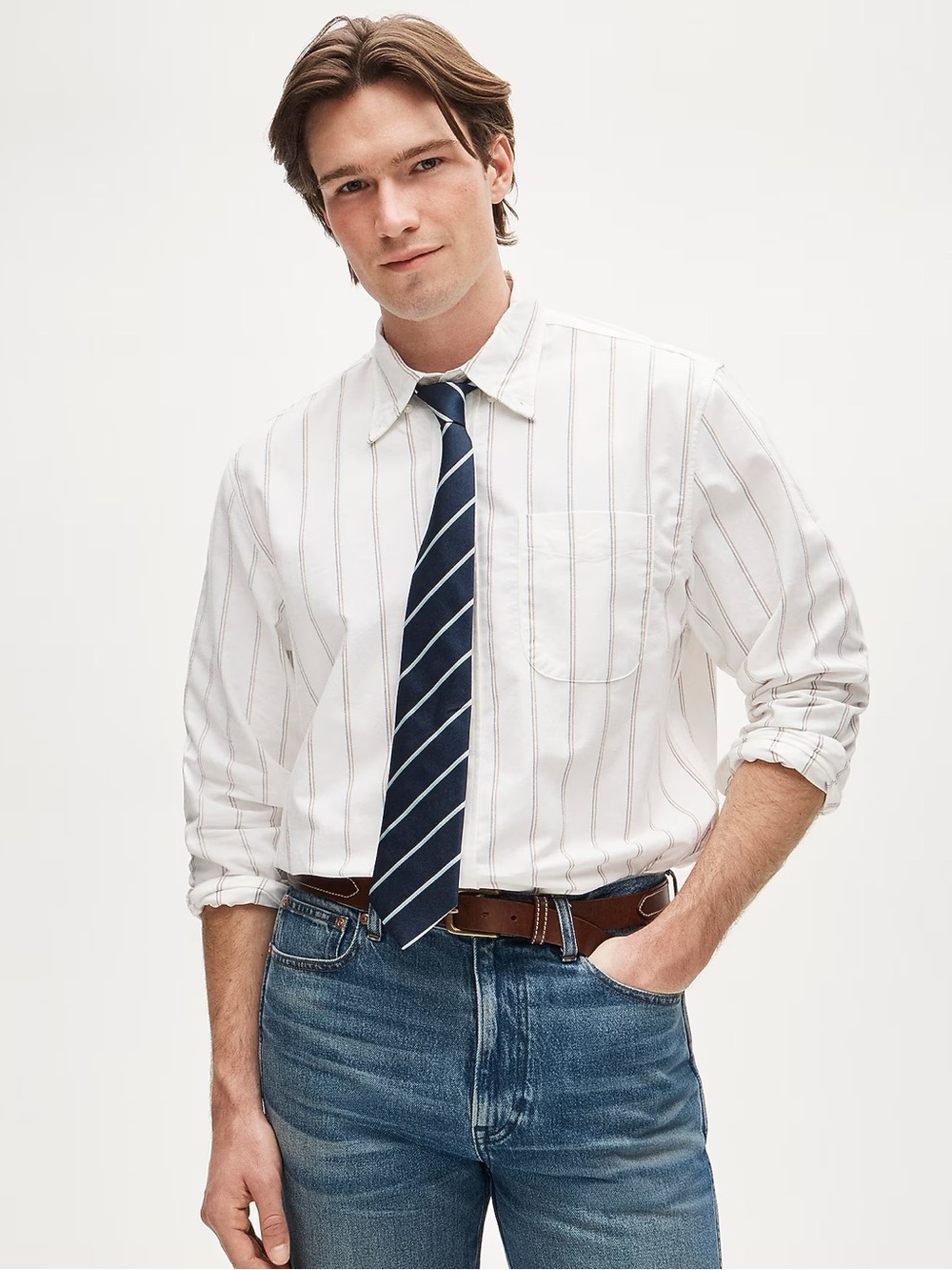 J. Crew 1983 oxford shirt in cotton Mark Blue Orange Stripe Size L $148 CQ953 - Picture 2 of 8